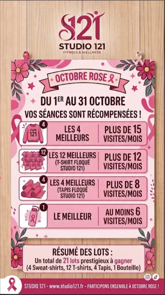 Affiche Octobre Rose du Studio 121 : du 1er au 31 octobre, vos séances sont récompensées. 21 lots à gagner selon le nombre de visites dans le mois : 4 sweat-shirts, 12 t-shirts et 4 tapis floqués Studio 121, et 1 bouteille.